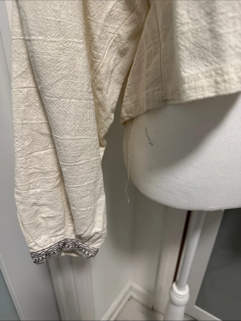 Free People Cream Peasant Blouse with Black Embroidery